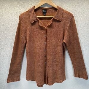 Eileen Fisher Top Linen Collar Womens Sz. S Brown Stretch Granola Girl Coastal